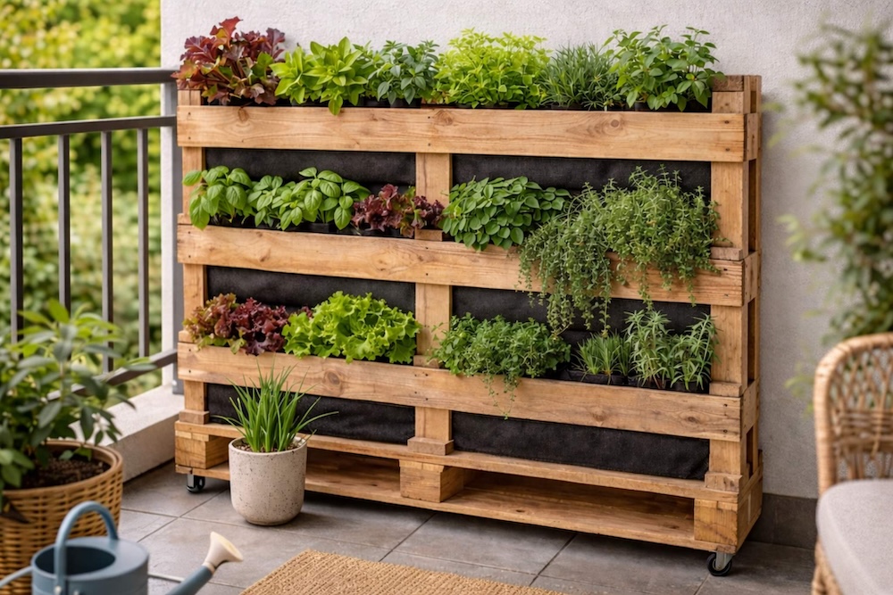 ogród wertykalny z palet na ścianie 