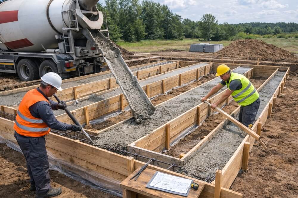 etap betonowania przy wykonywaniu ław fundamentowych