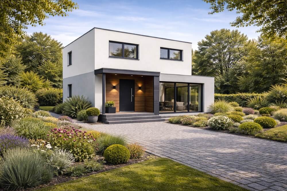 elewacja domu kostki w bieli i szarości