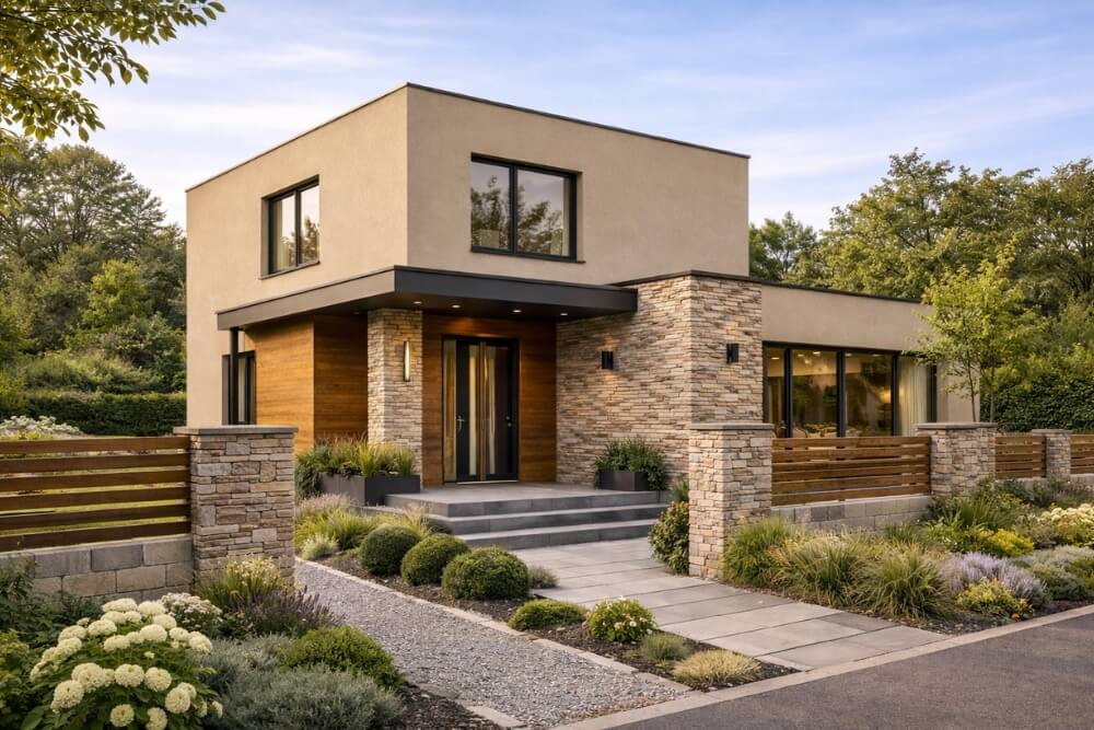 beżowa elewacja domu kostki 