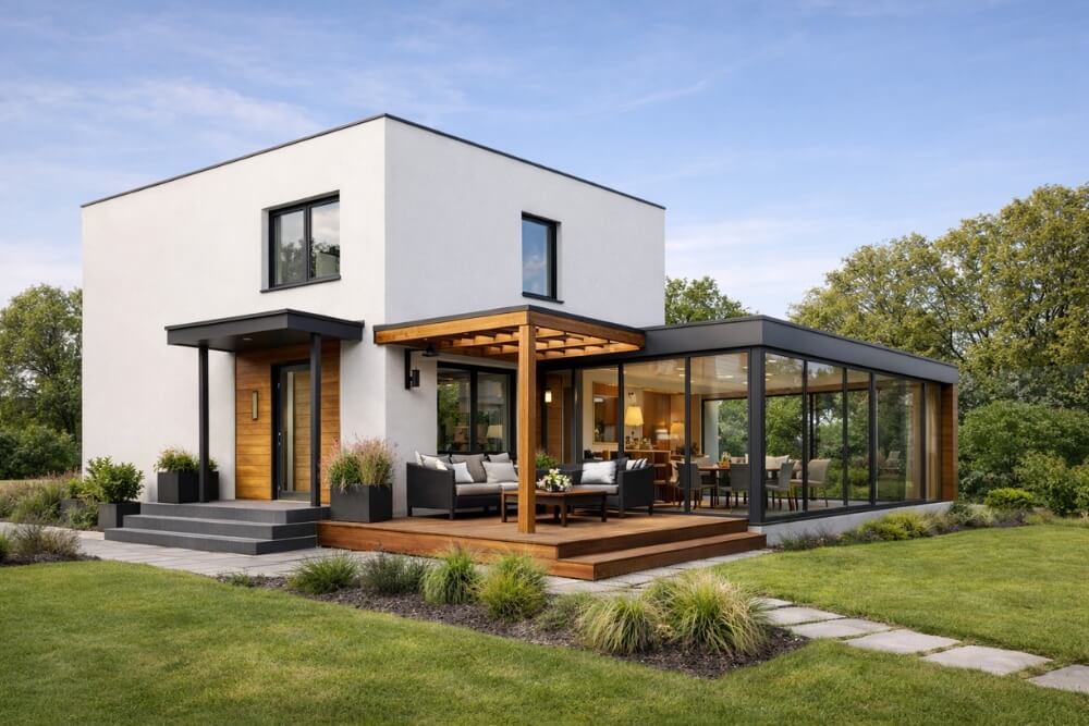 elewacja domu kostki z lat 70 z dobudowanymi elementami