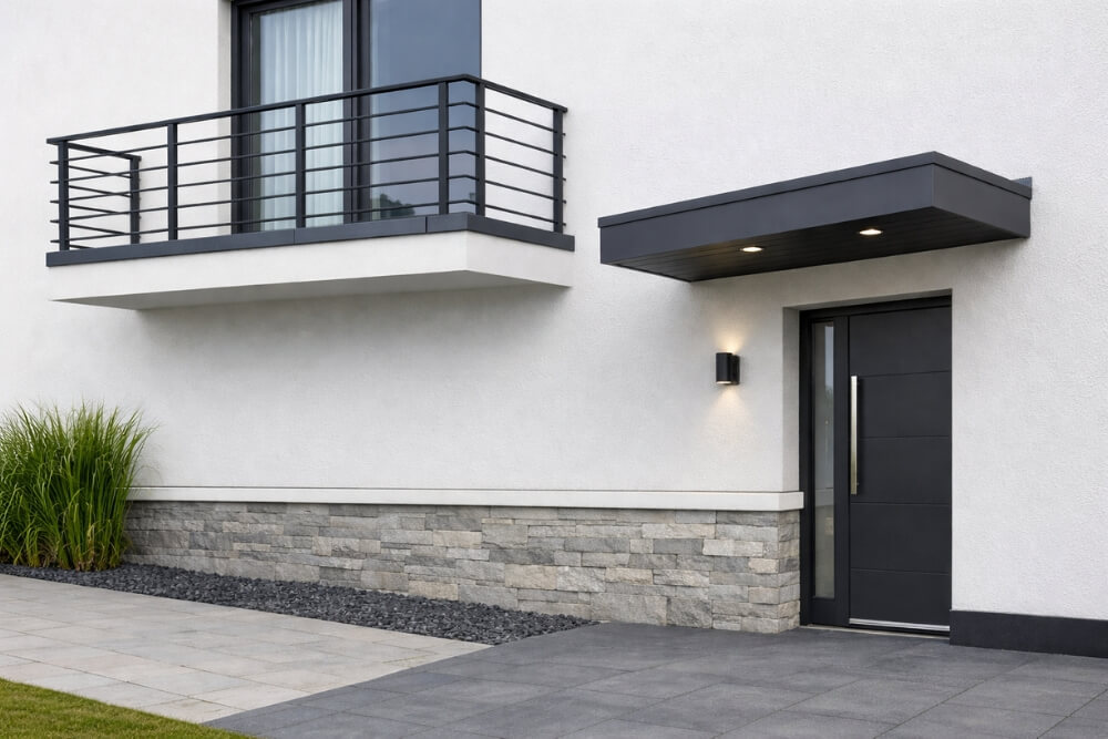 elewacja domu kostki z lat 70 z dopracowanymi detalami