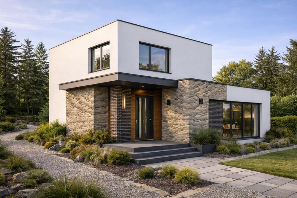 elewacja domu kostki z dodatkiem kamienia