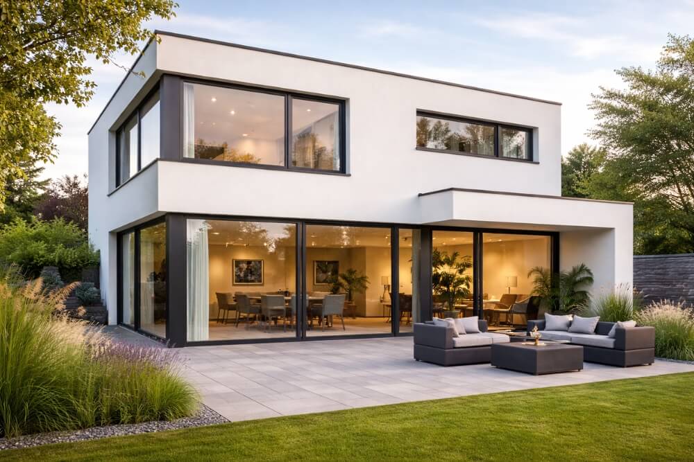 elewacja domu kostki z lat 70 z powiększonymi oknami