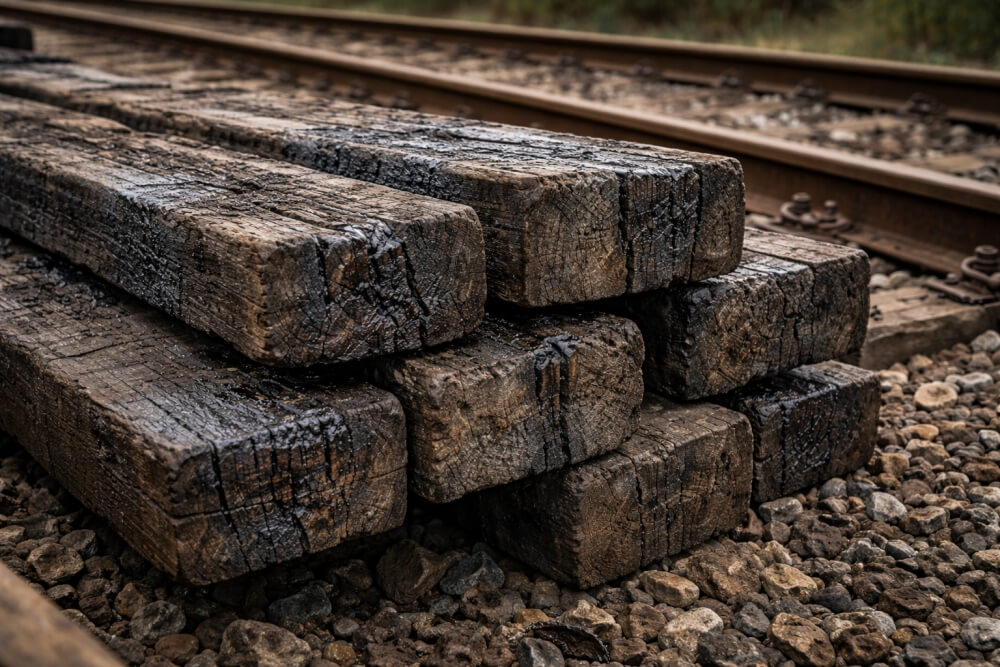 podkłady kolejowe w ogrodzie z bliska